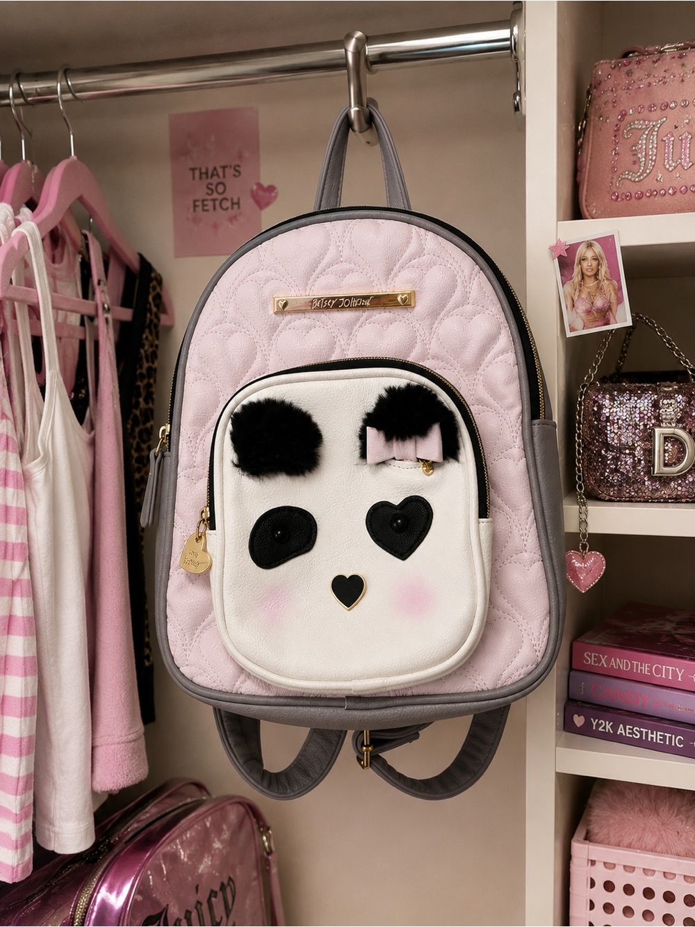 EUC Betsey Johnson Panda Mini Backpack Pink Quilted Hearts Bag